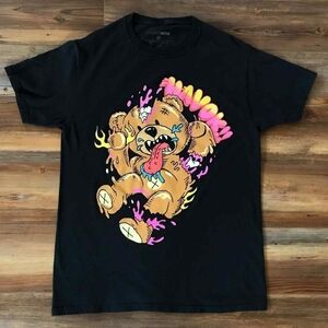 Fashion Nova Black Short Sleeve Tee with Colorful Bear Graphic Size Medium